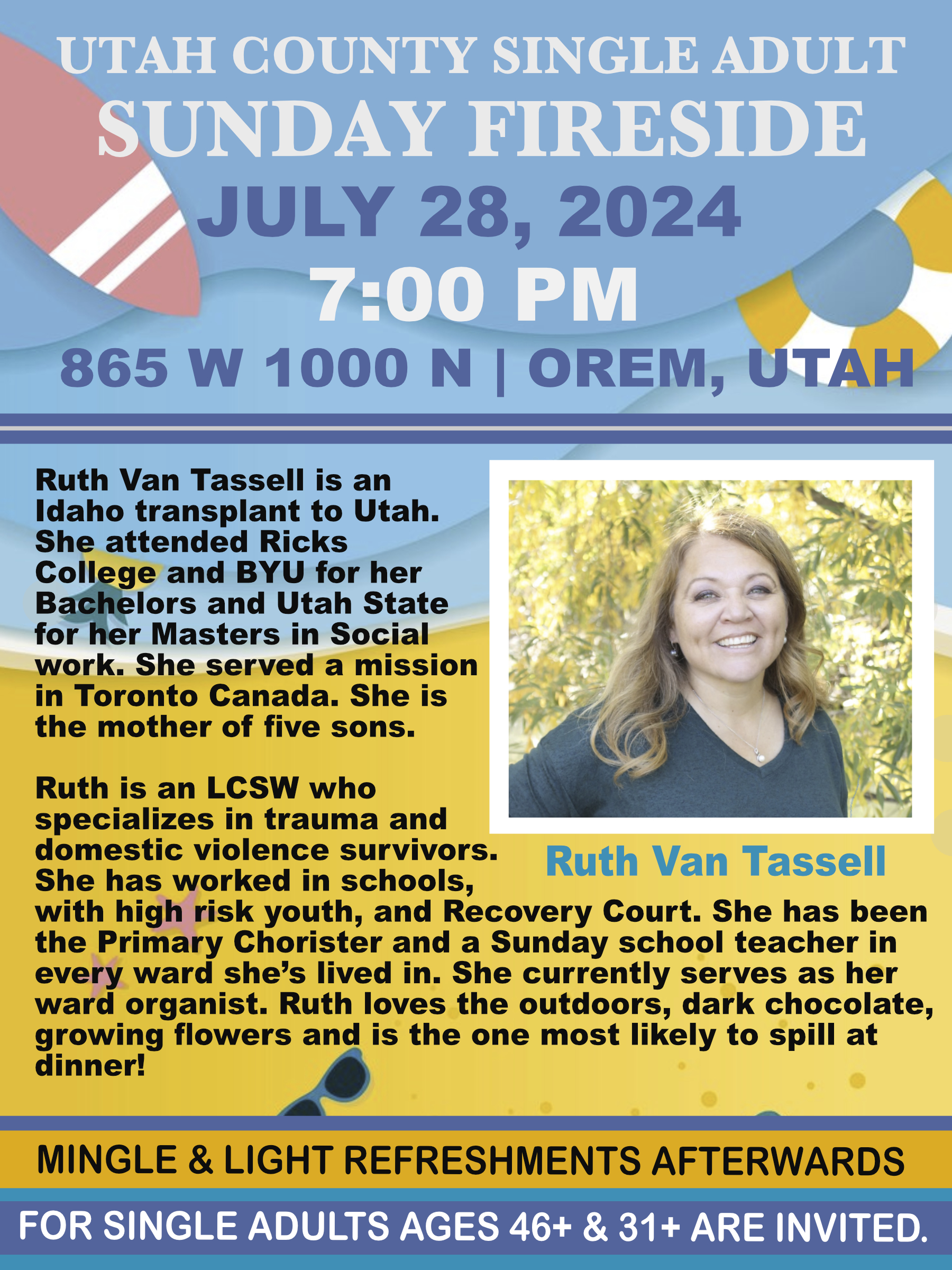 upcoming fireside on July 28 2024 with Ruth Van Tassell.